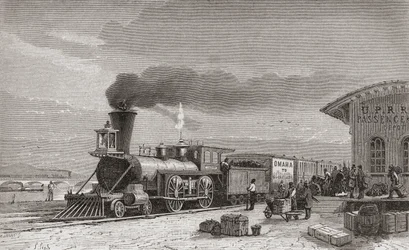 Der Bahnhof von Omaha, Nebraska, Ausgangspunkt der Pazifik-Eisenbahn, wie er 1867 war, Illustration aus 